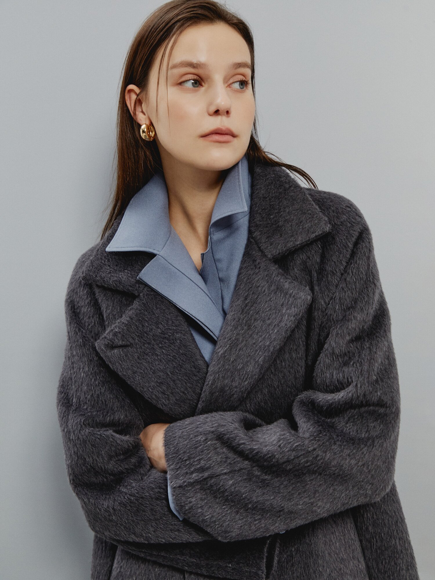 헤어리 텍스처 스트랩 소프트 울 코트 (DARK GREY)