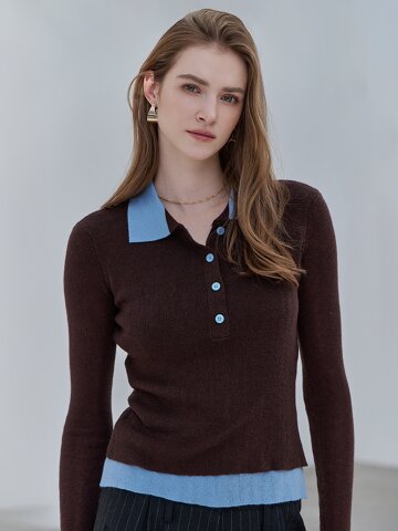 [케이미에르] 배색 레이어드 카라 버튼 니트