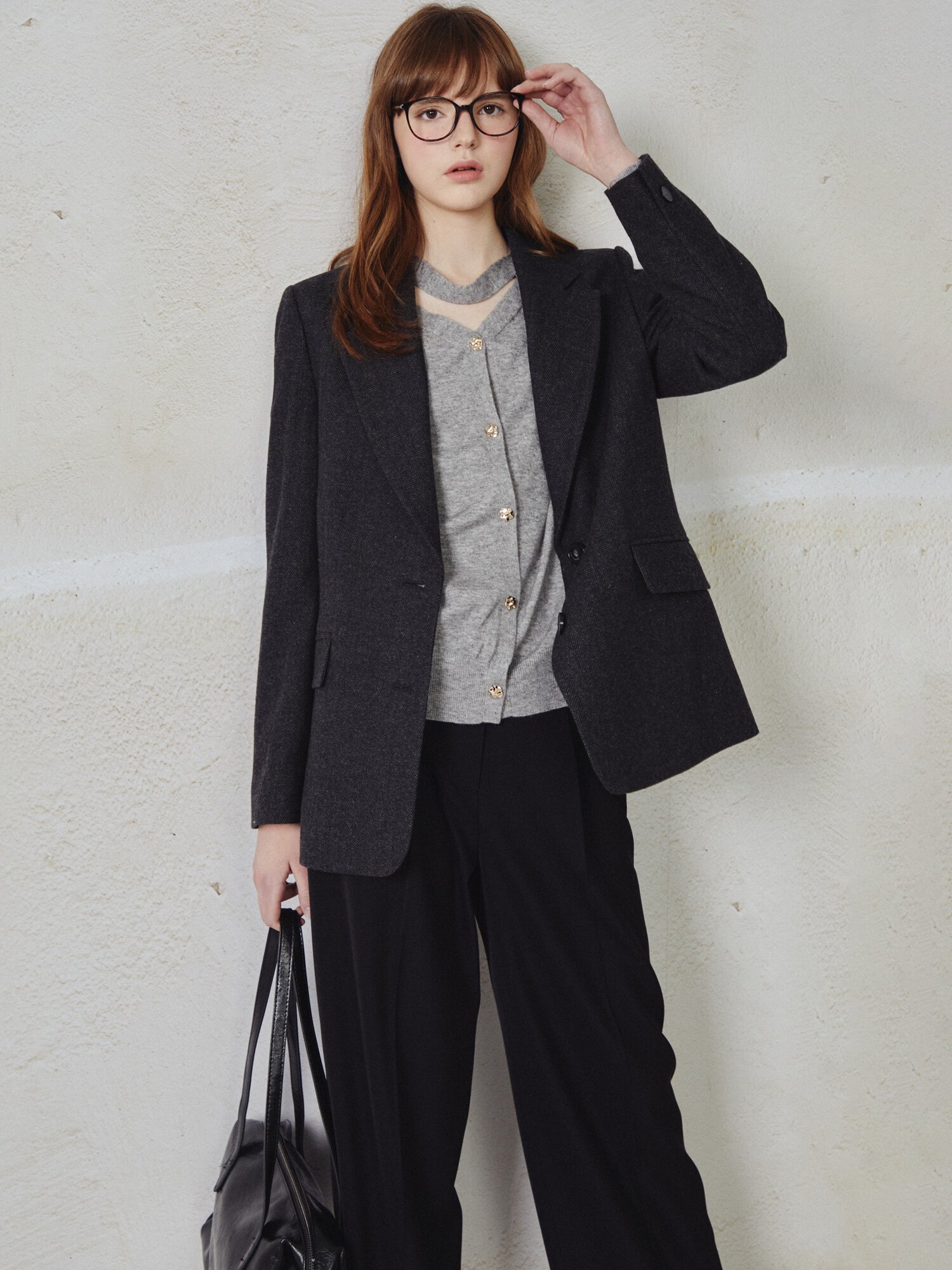 울 블렌드 헤링본 투 버튼 재킷 (DARK GREY)