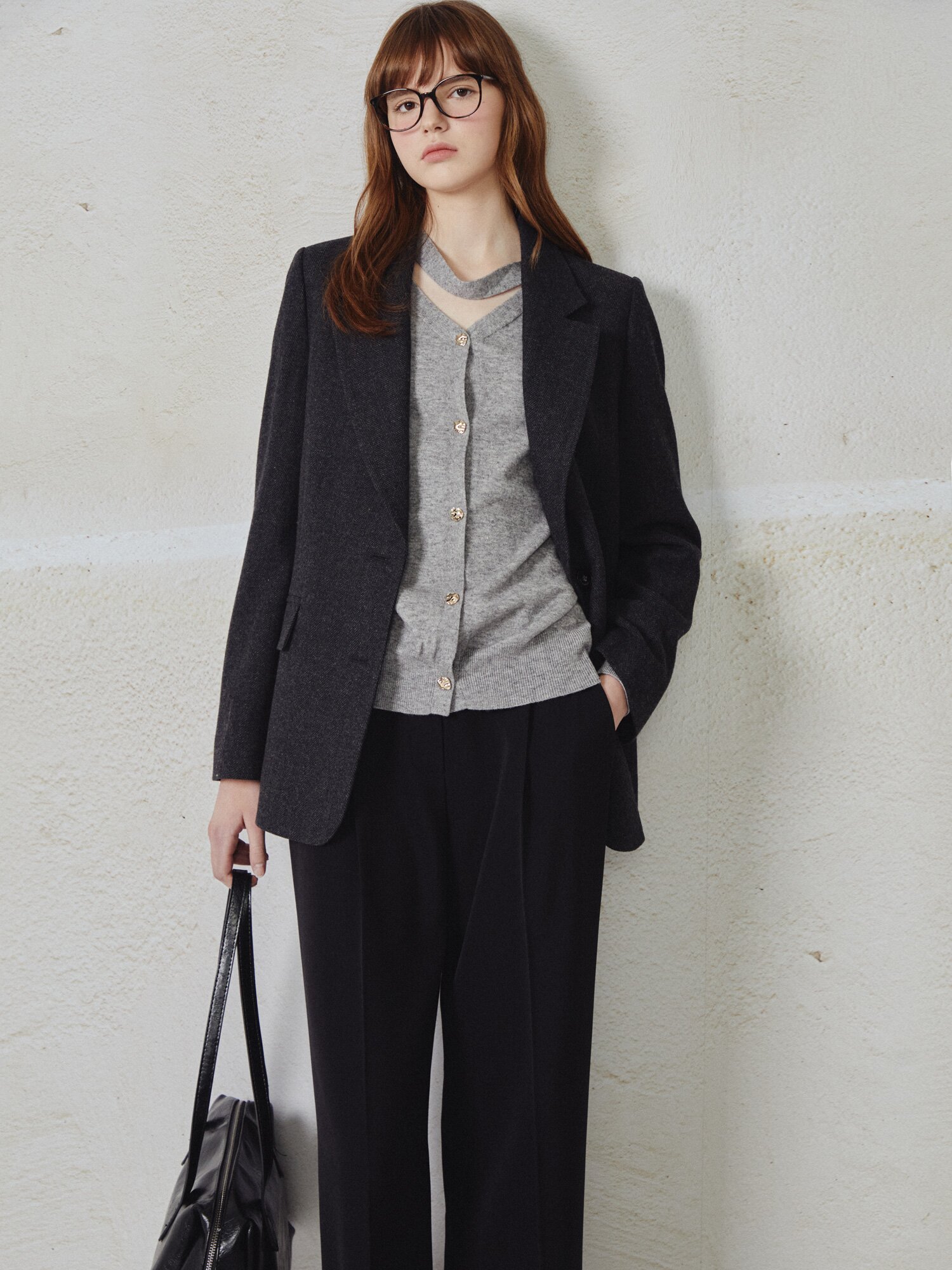 울 블렌드 헤링본 투 버튼 재킷 (DARK GREY)