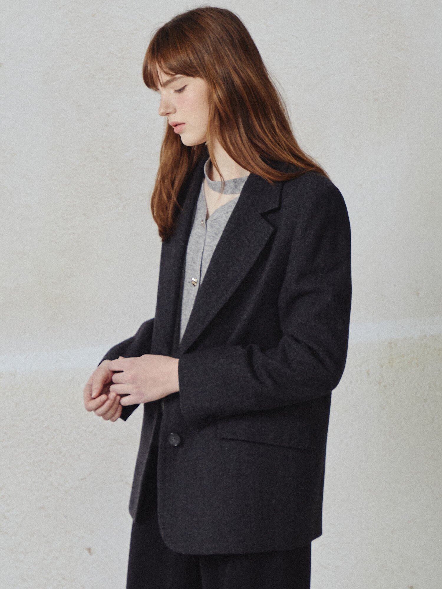 울 블렌드 헤링본 투 버튼 재킷 (DARK GREY)