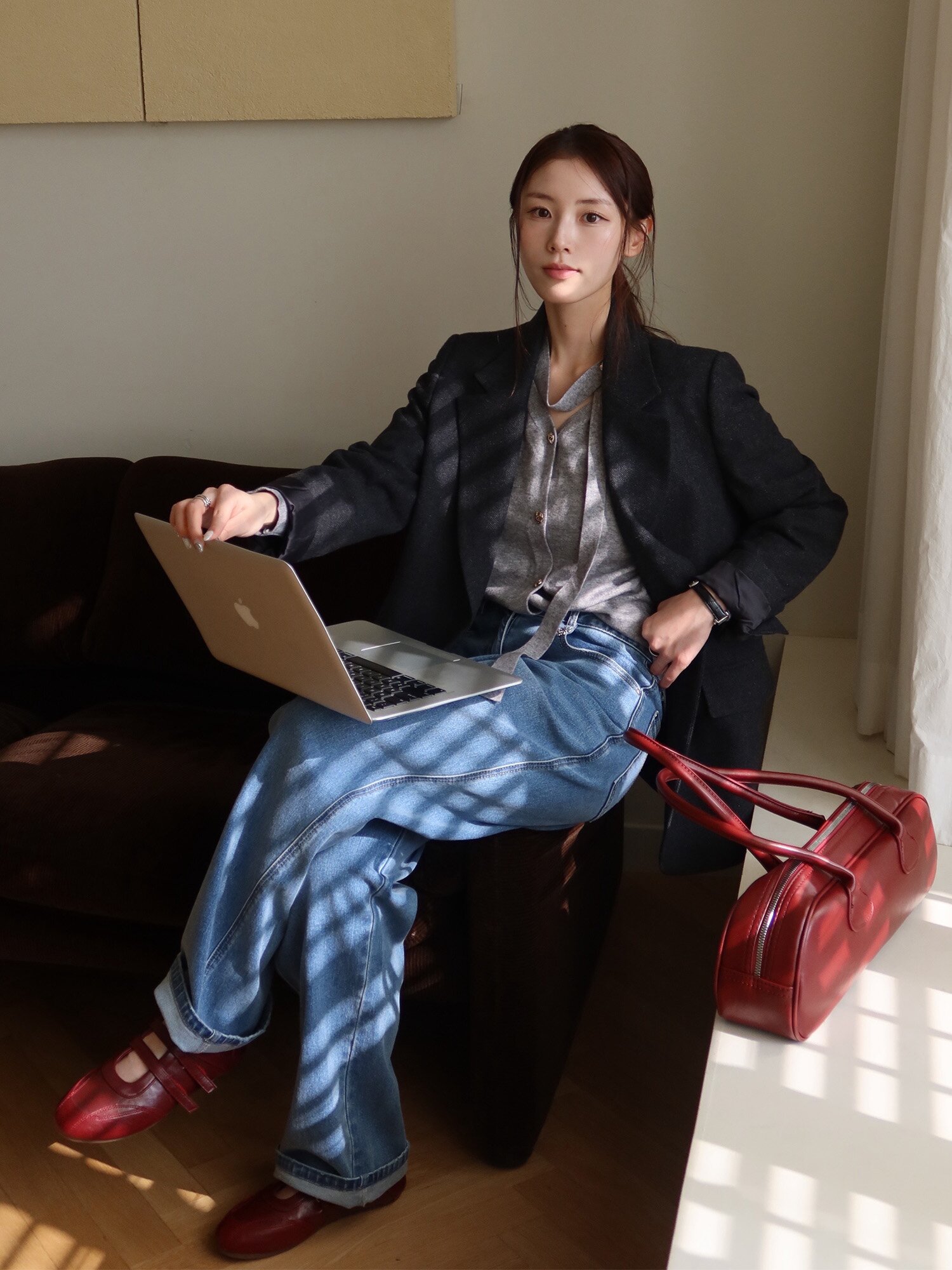 울 블렌드 헤링본 투 버튼 재킷 (DARK GREY)