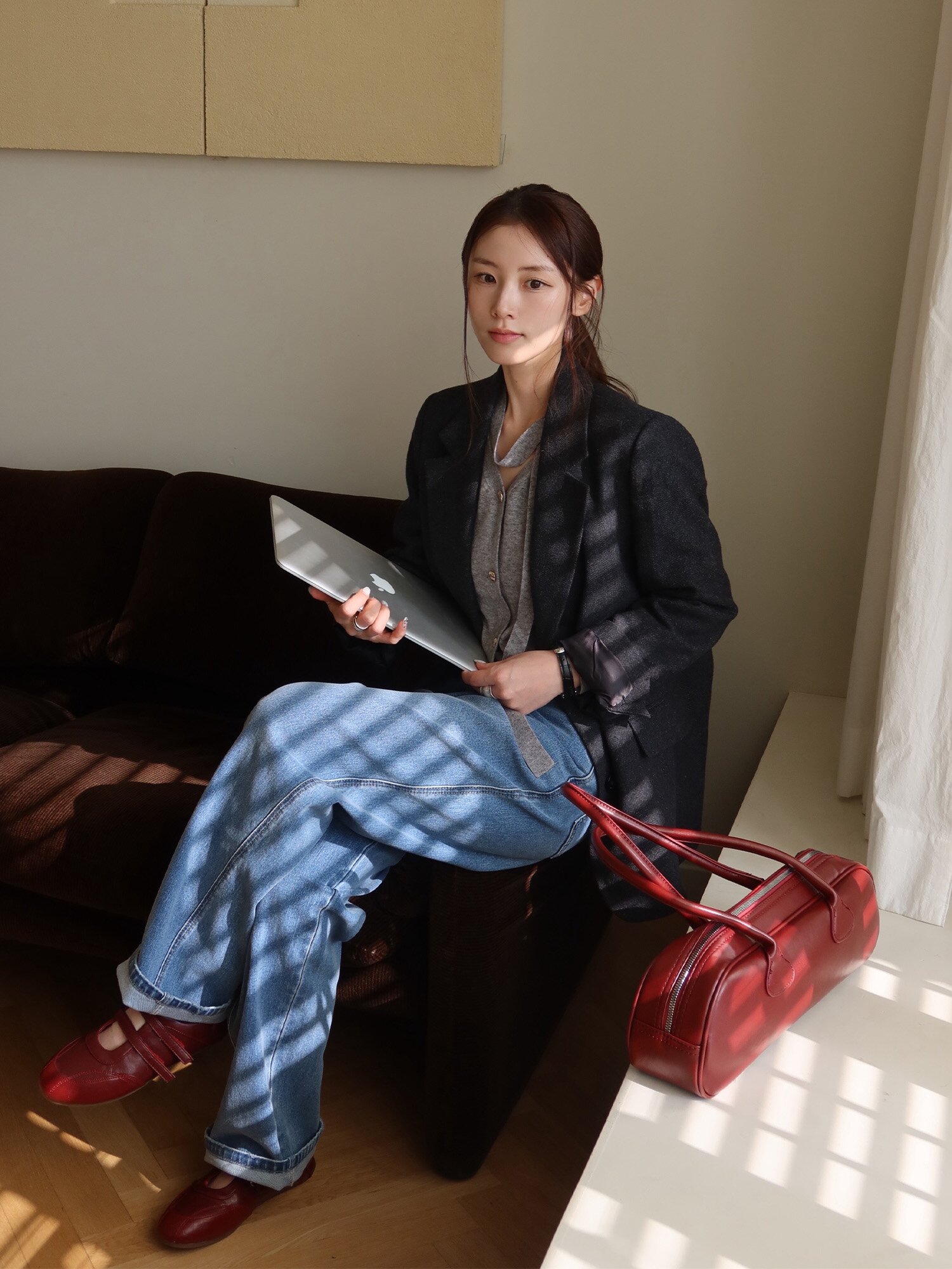 울 블렌드 헤링본 투 버튼 재킷 (DARK GREY)