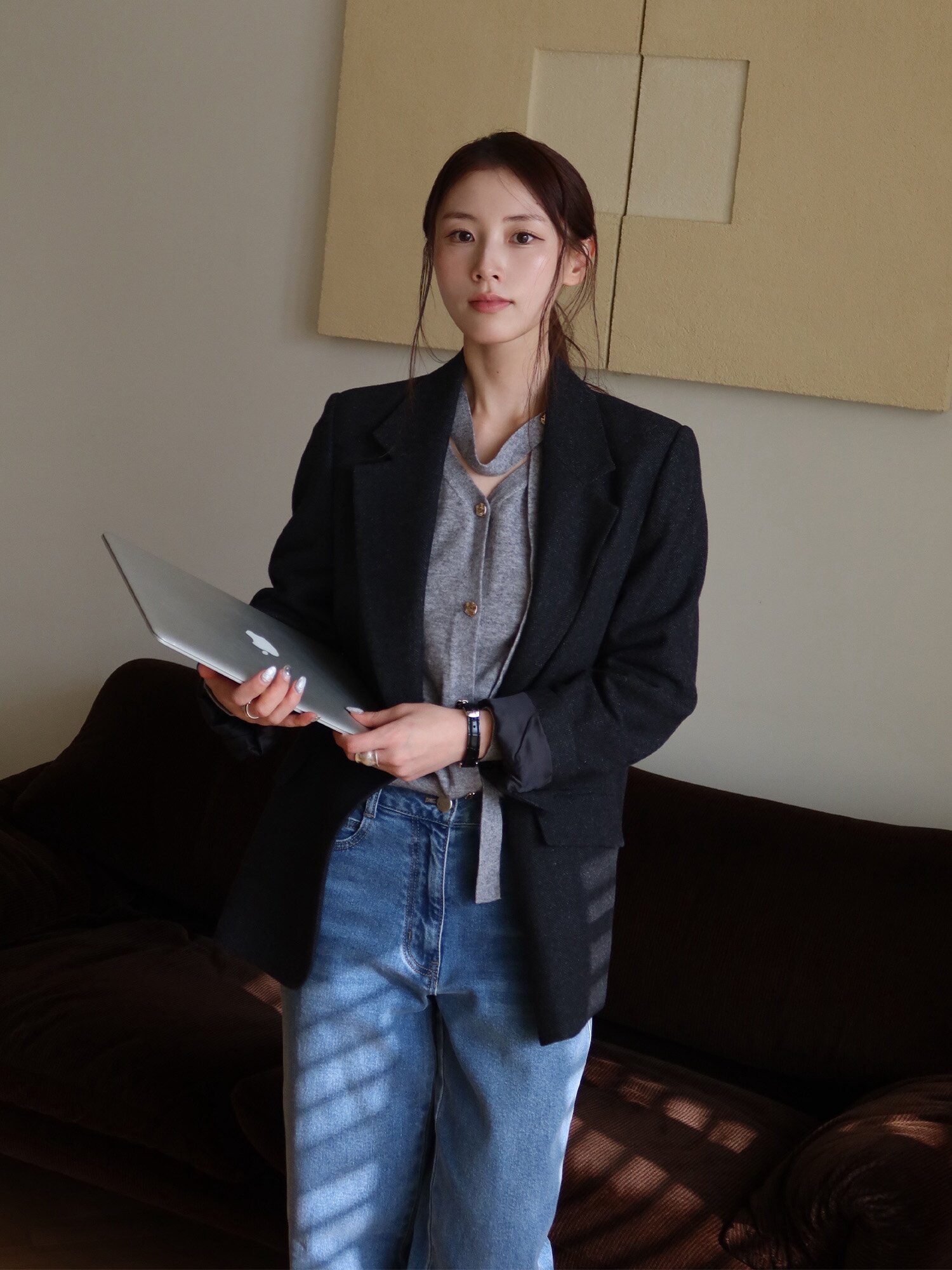 울 블렌드 헤링본 투 버튼 재킷 (DARK GREY)