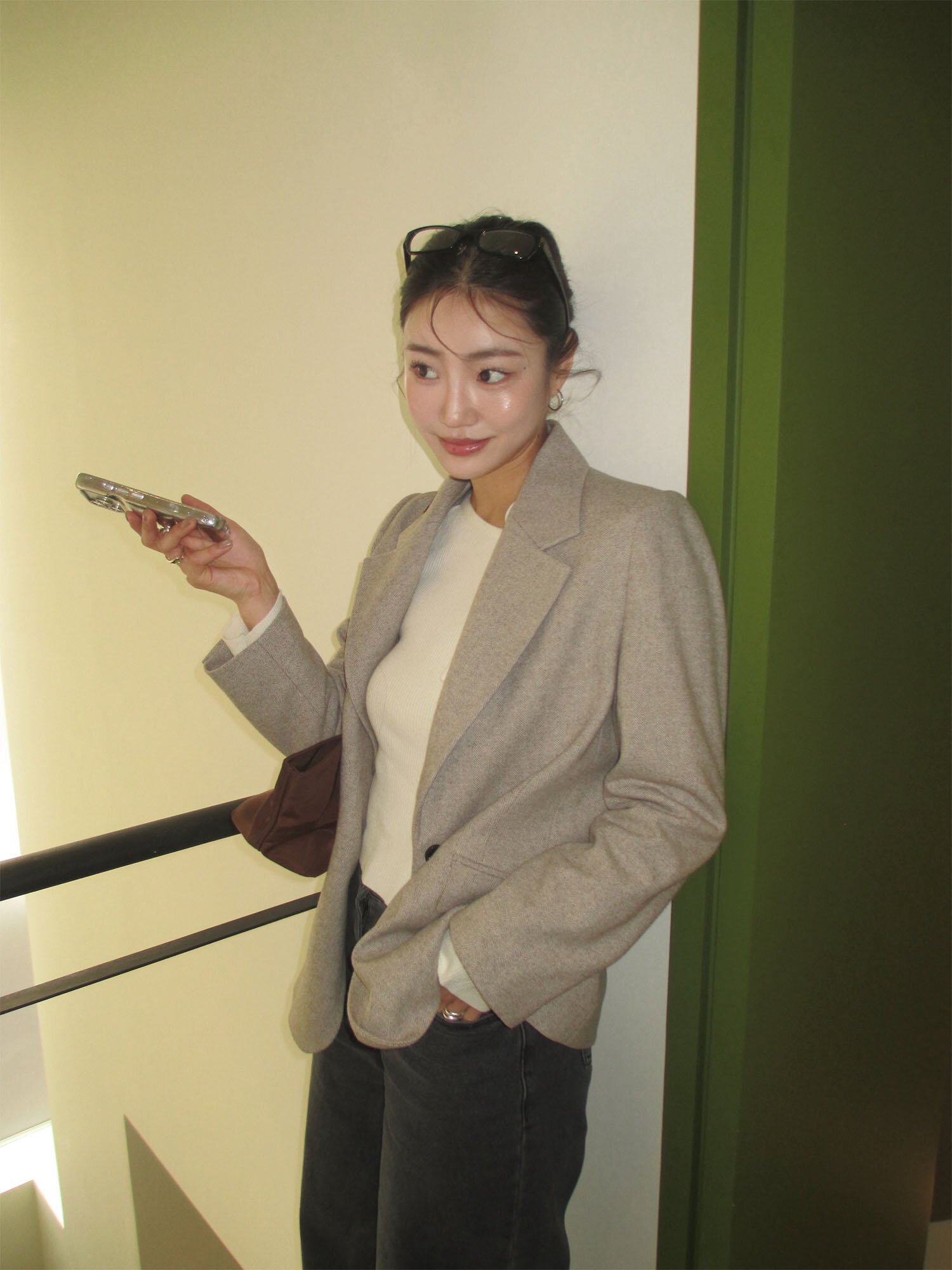 울 블렌드 헤링본 투 버튼 재킷 (BEIGE)