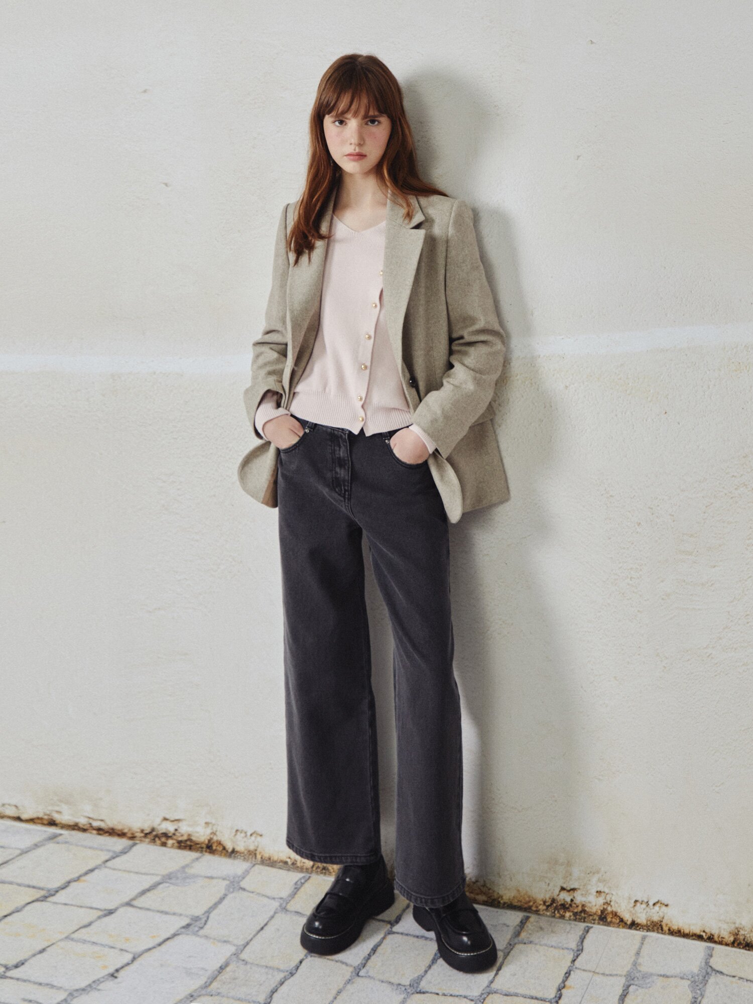 울 블렌드 헤링본 투 버튼 재킷 (BEIGE)