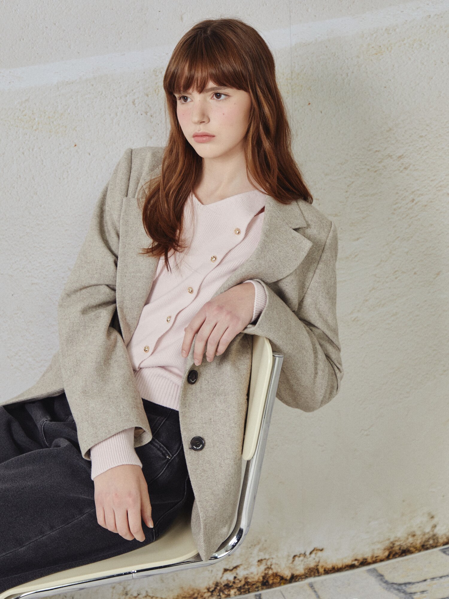 울 블렌드 헤링본 투 버튼 재킷 (BEIGE)