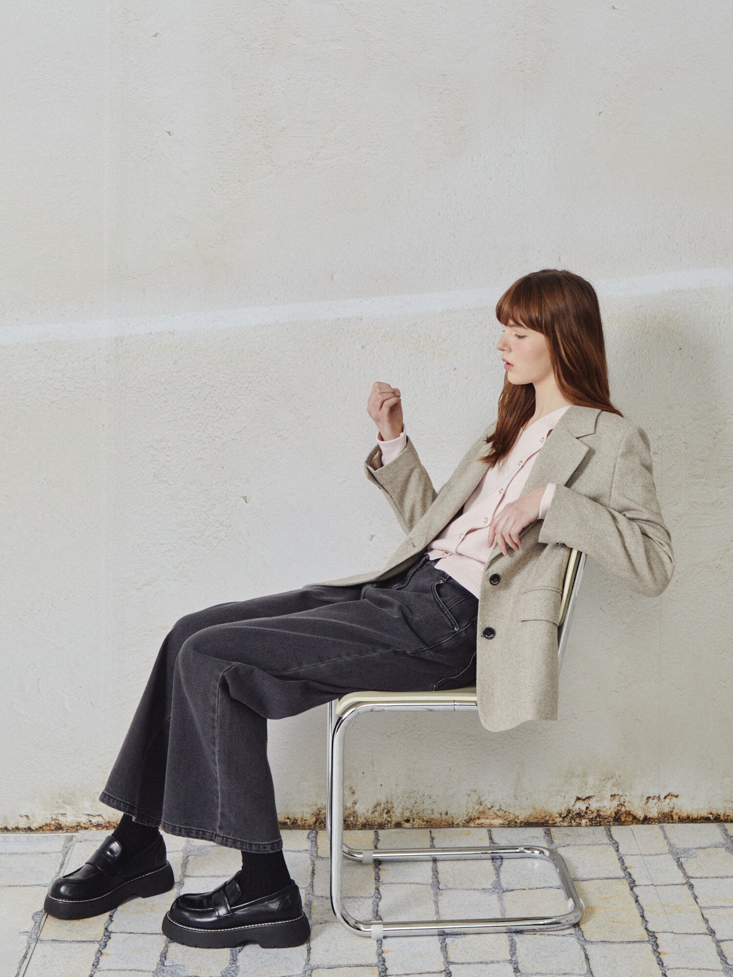 울 블렌드 헤링본 투 버튼 재킷 (BEIGE)