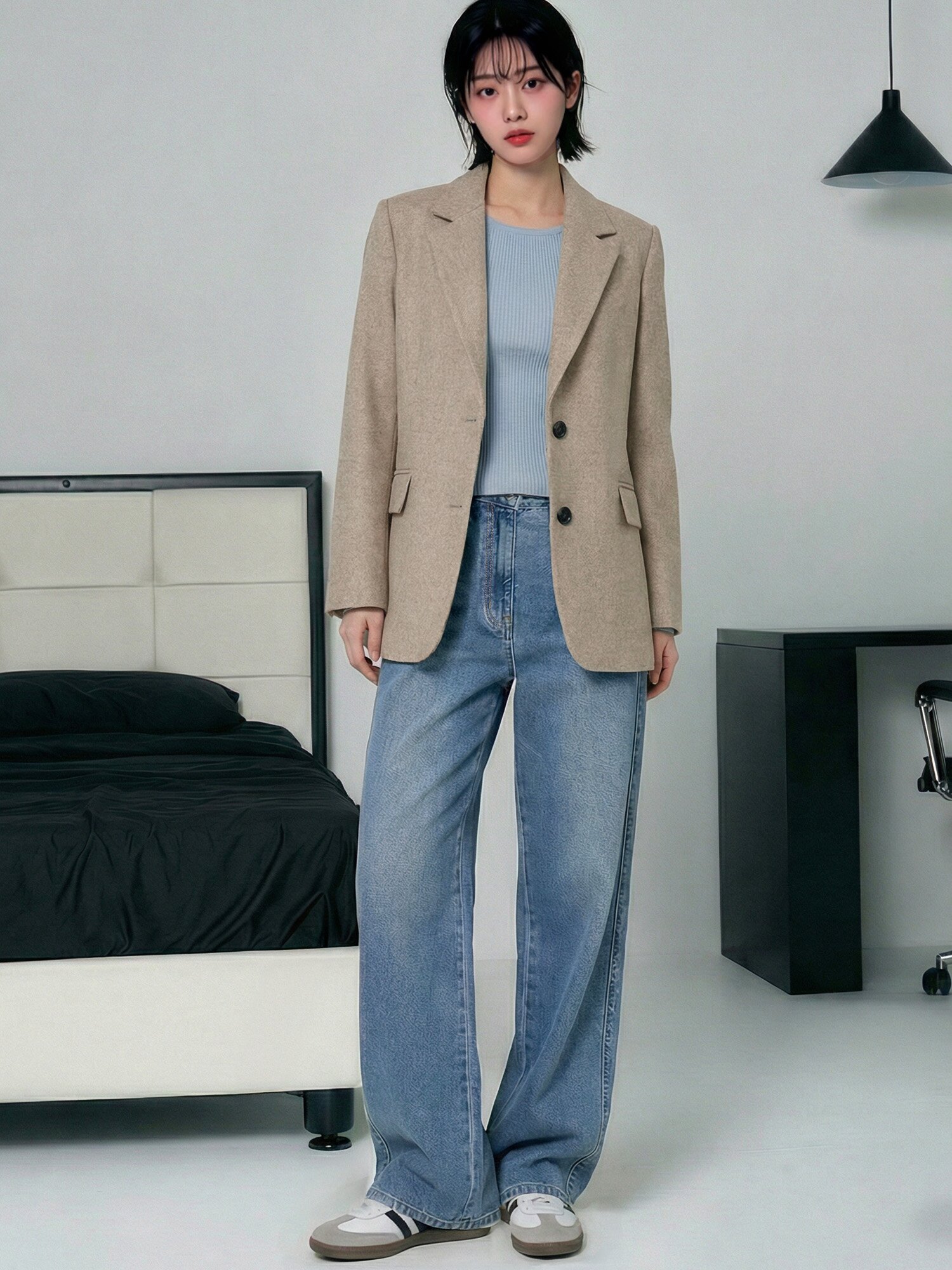 울 블렌드 헤링본 투 버튼 재킷 (BEIGE)