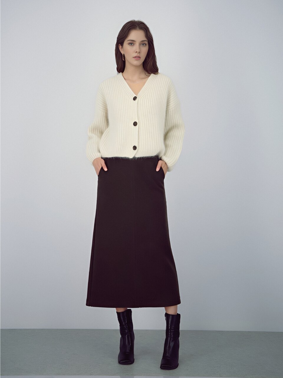 Crepe Suede Bending Skirt _Brown