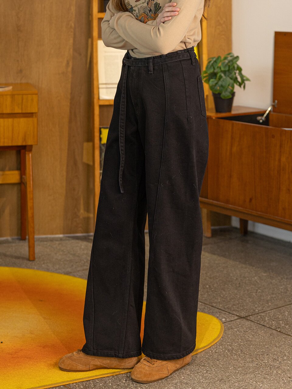 DD_Belt wide straight denim pants_BLACK