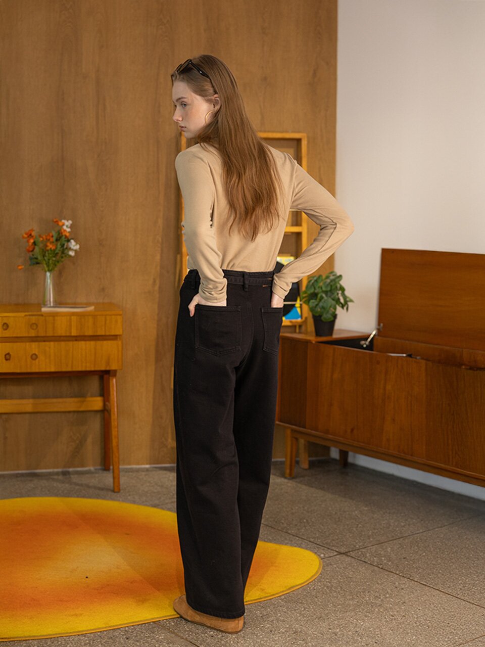 DD_Belt wide straight denim pants_BLACK