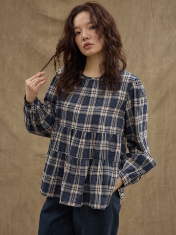 Check Ribbon Blouse [Navy]