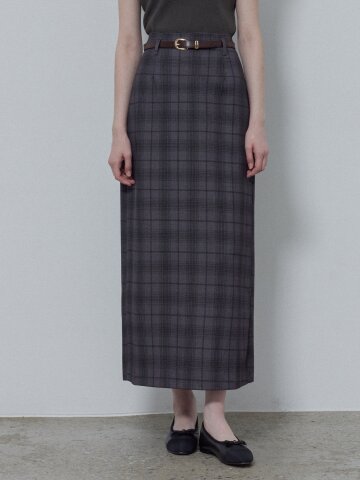 GLEN CHECKERED LONG SKIRT + BELT SET_DARK GREY