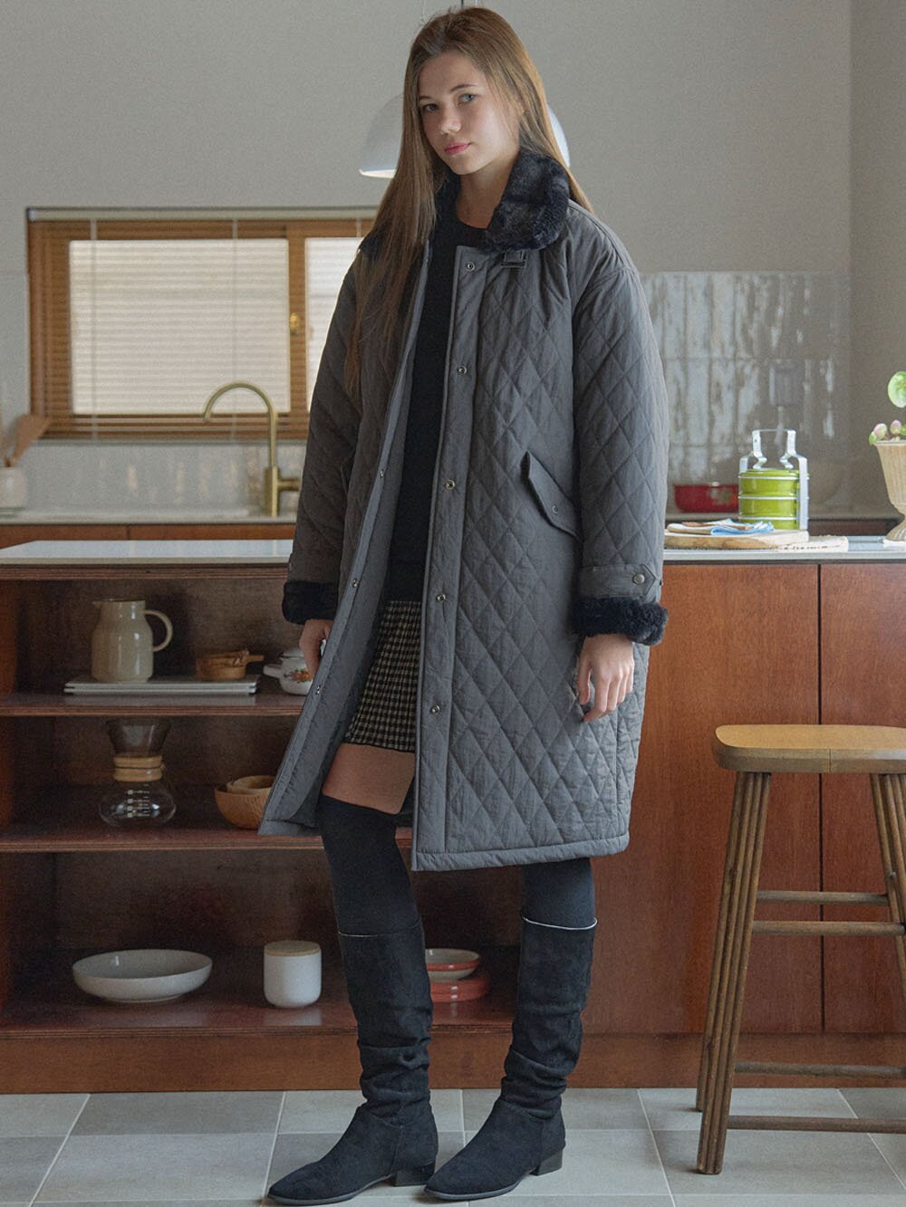 Diamond Quilting Long Padding - DARK GREY