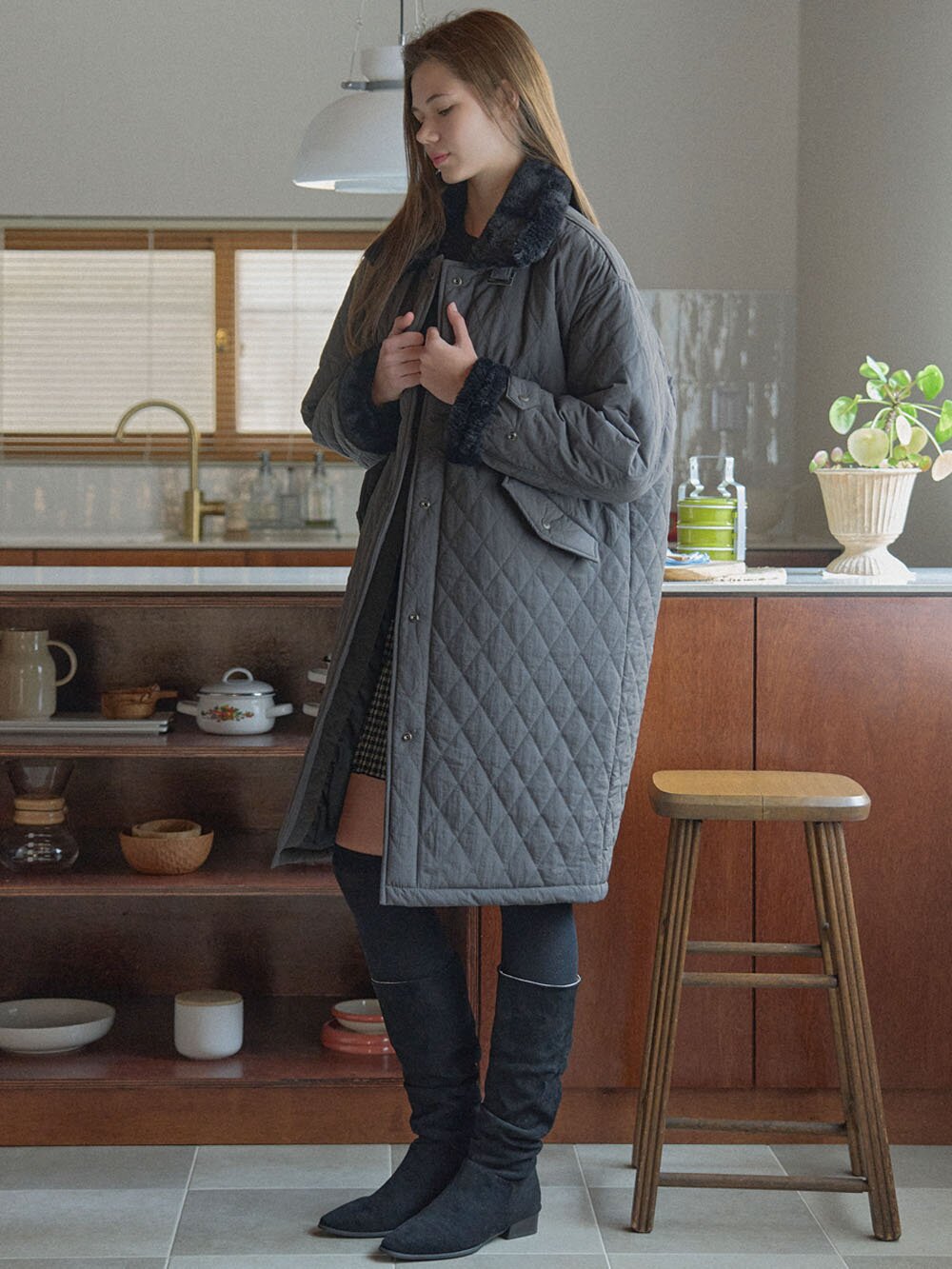 Diamond Quilting Long Padding - DARK GREY