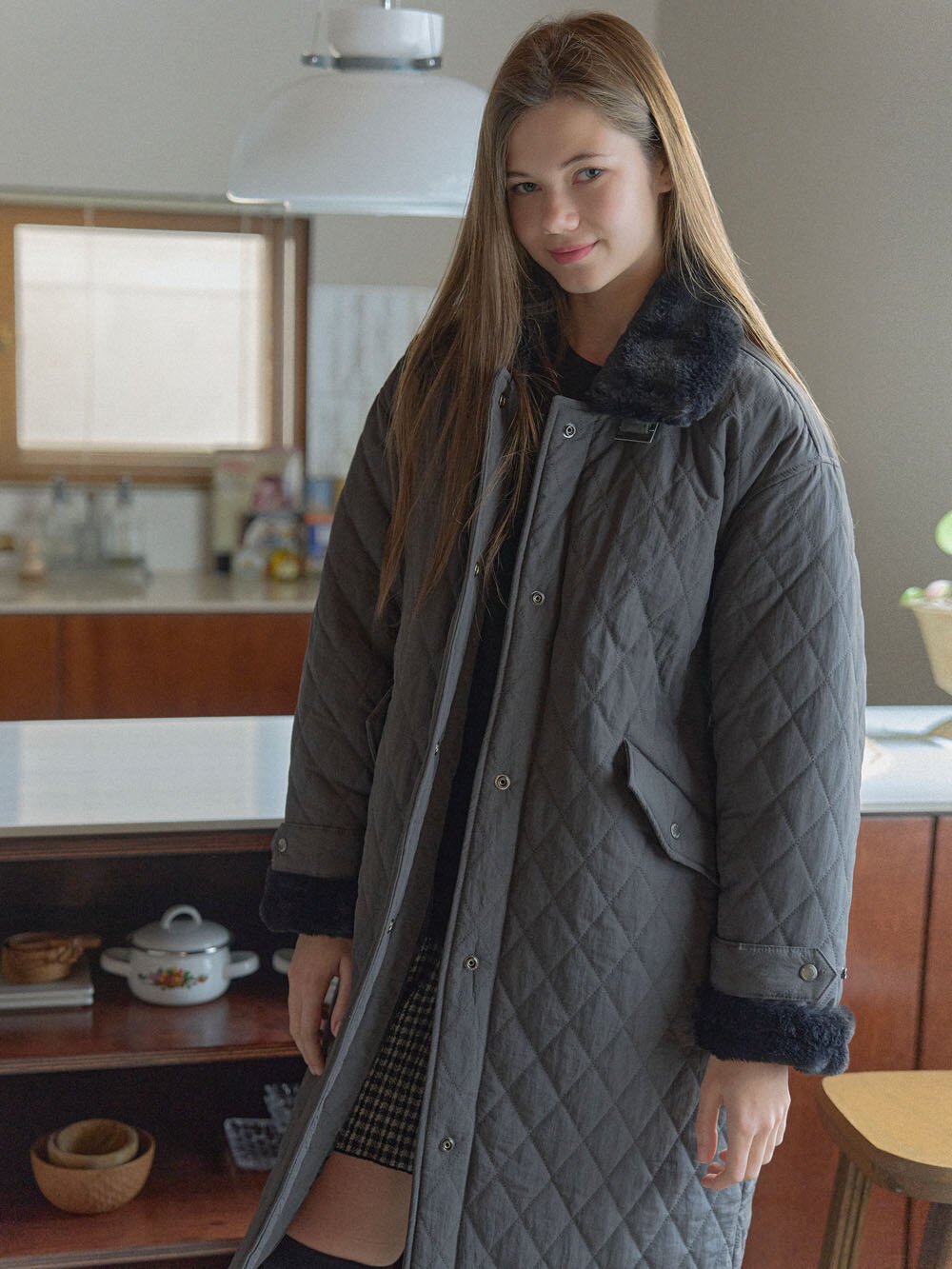 Diamond Quilting Long Padding - DARK GREY