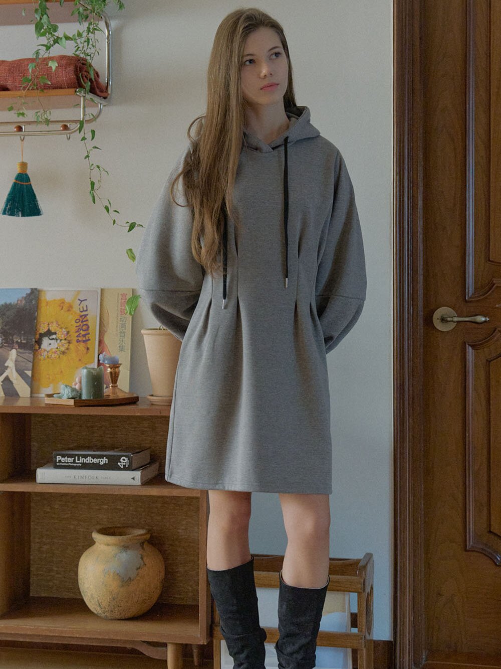 ood Fit and Flare Mini Dress - CHARCOAL( 기모)