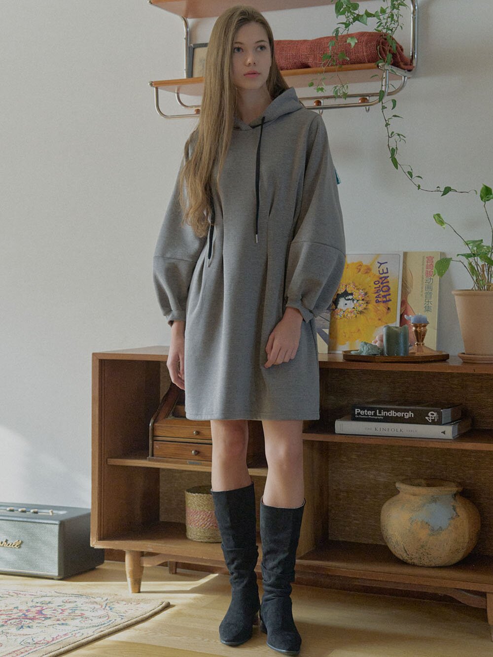 ood Fit and Flare Mini Dress - CHARCOAL( 기모)
