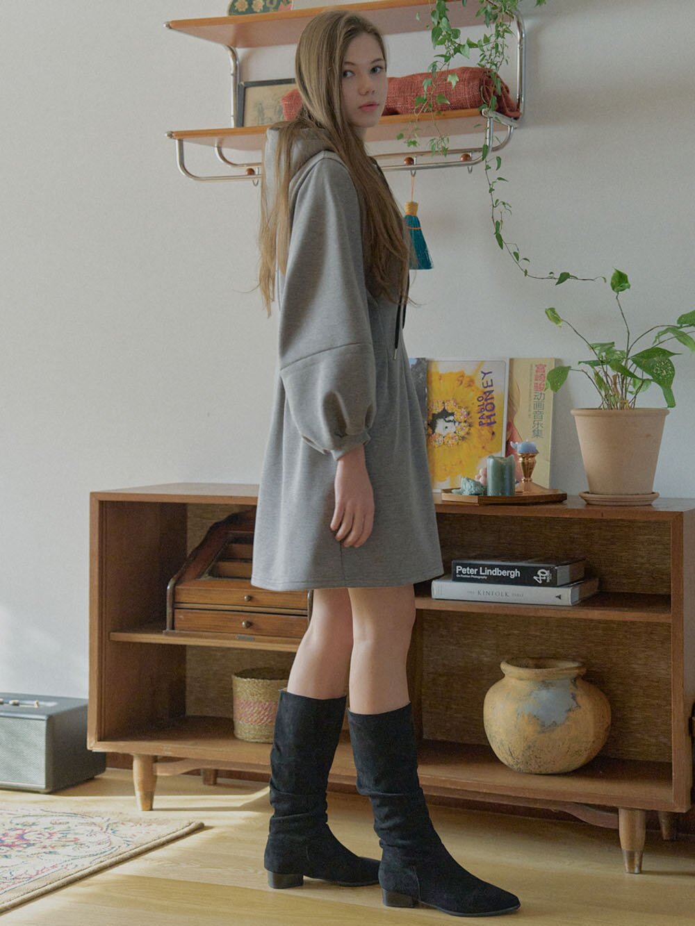 ood Fit and Flare Mini Dress - CHARCOAL( 기모)