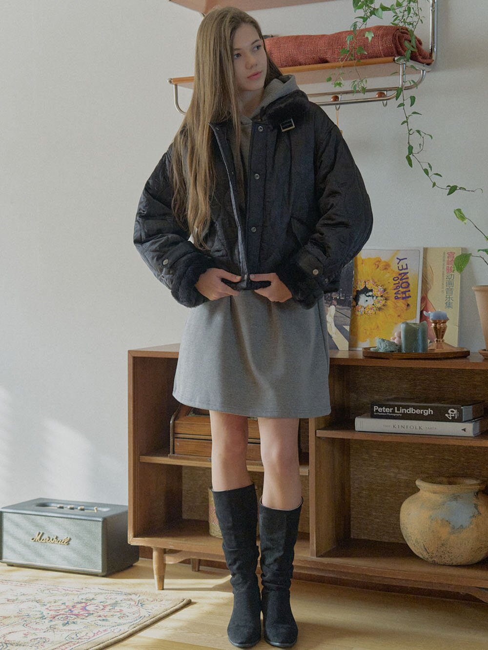 ood Fit and Flare Mini Dress - CHARCOAL( 기모)