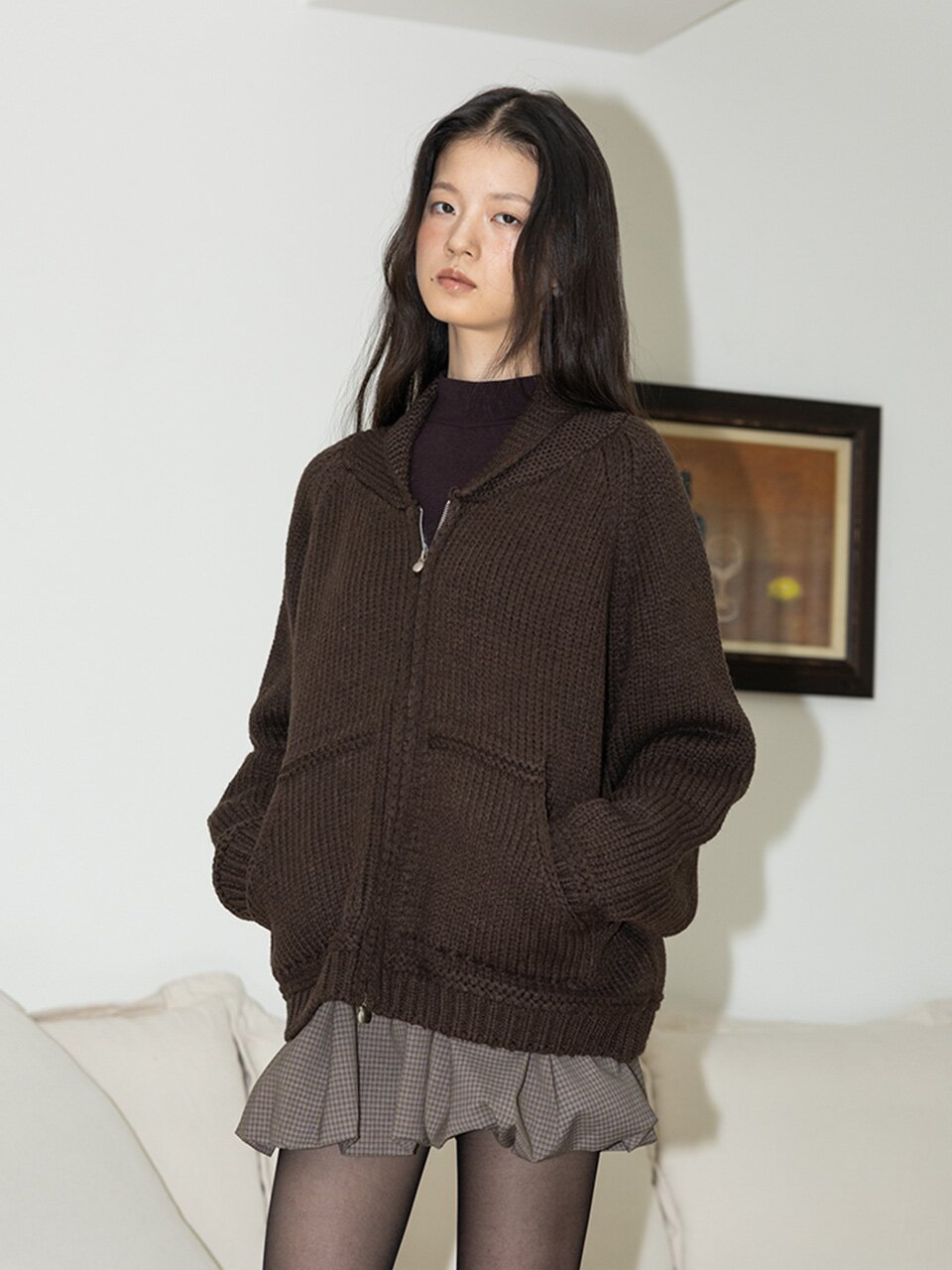 IT_Zipper knit casual cardigan_BROWN