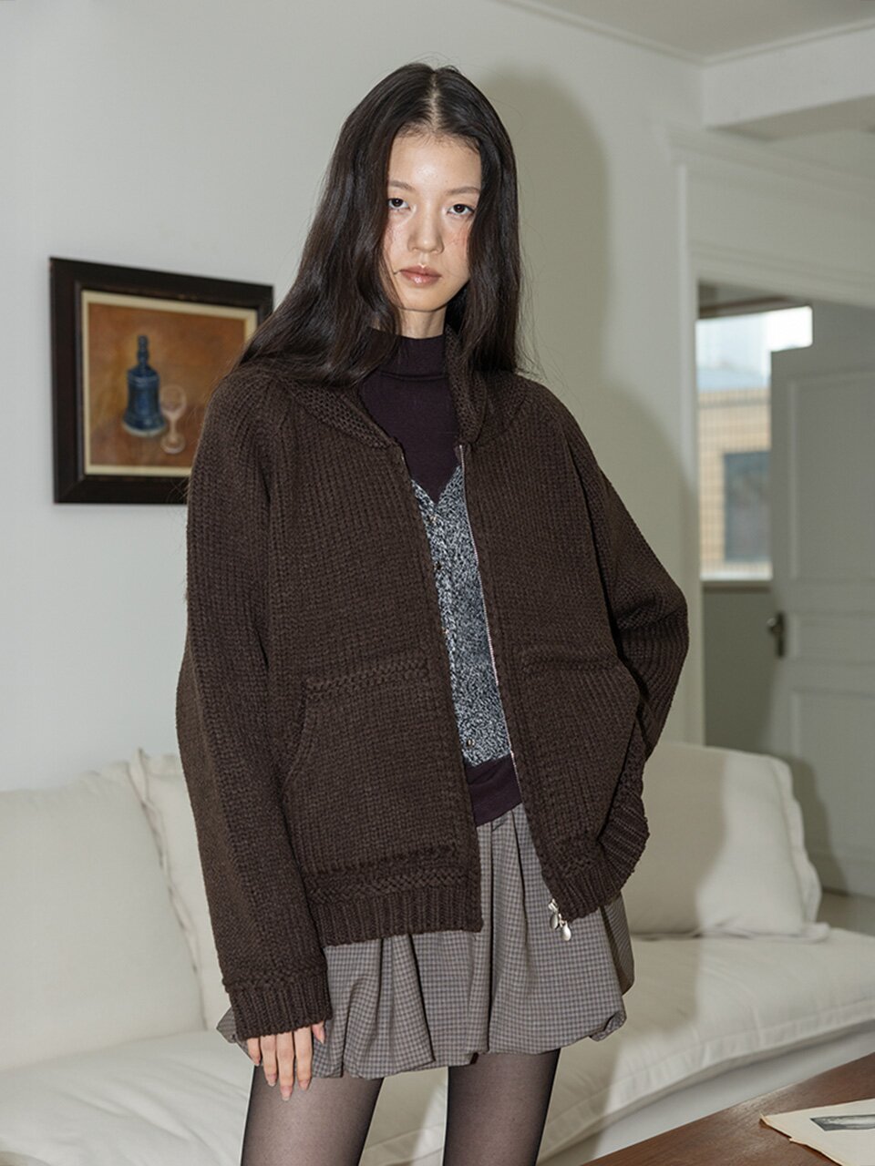 IT_Zipper knit casual cardigan_BROWN