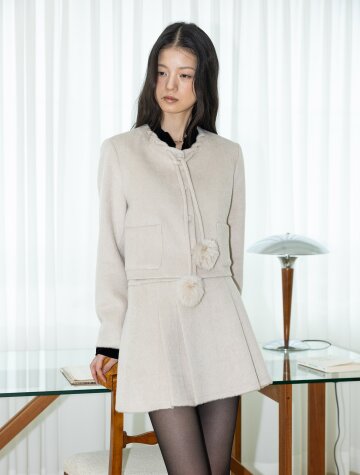 IT_Pom-pom tie jacket and skirt set_OATMEAL