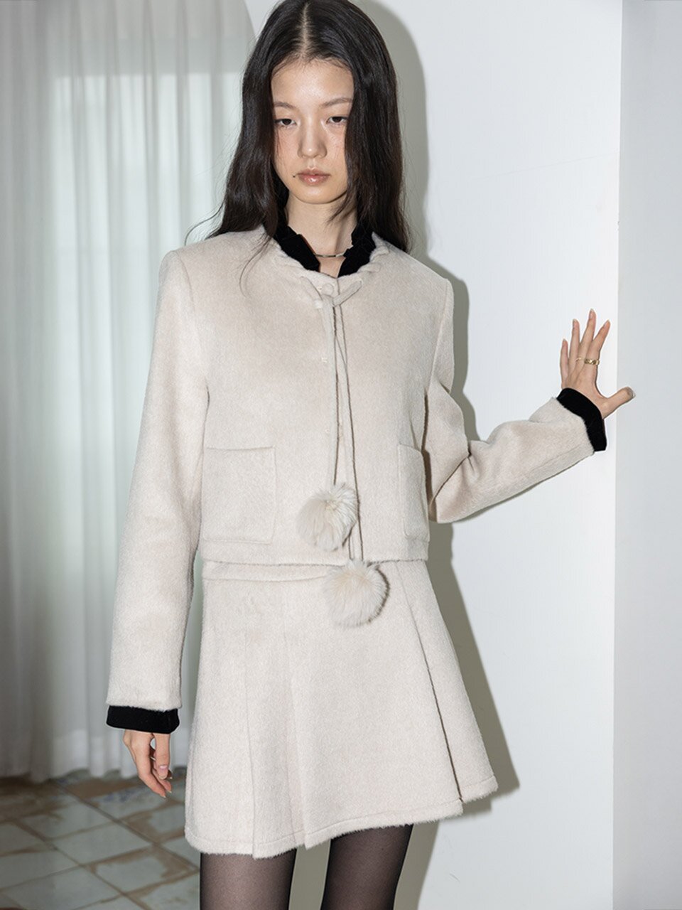 IT_Pom-pom tie jacket and skirt set_OATMEAL