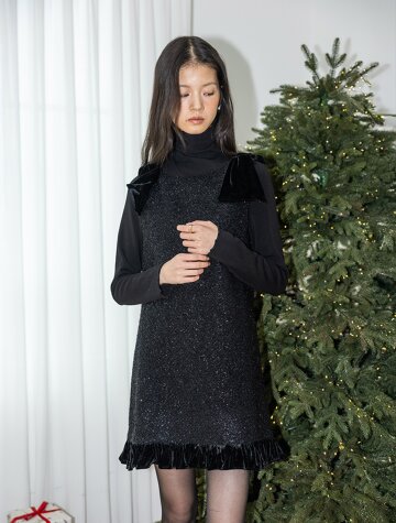 IT_Shiny velvet bow tie dress and knit top set_BLACK