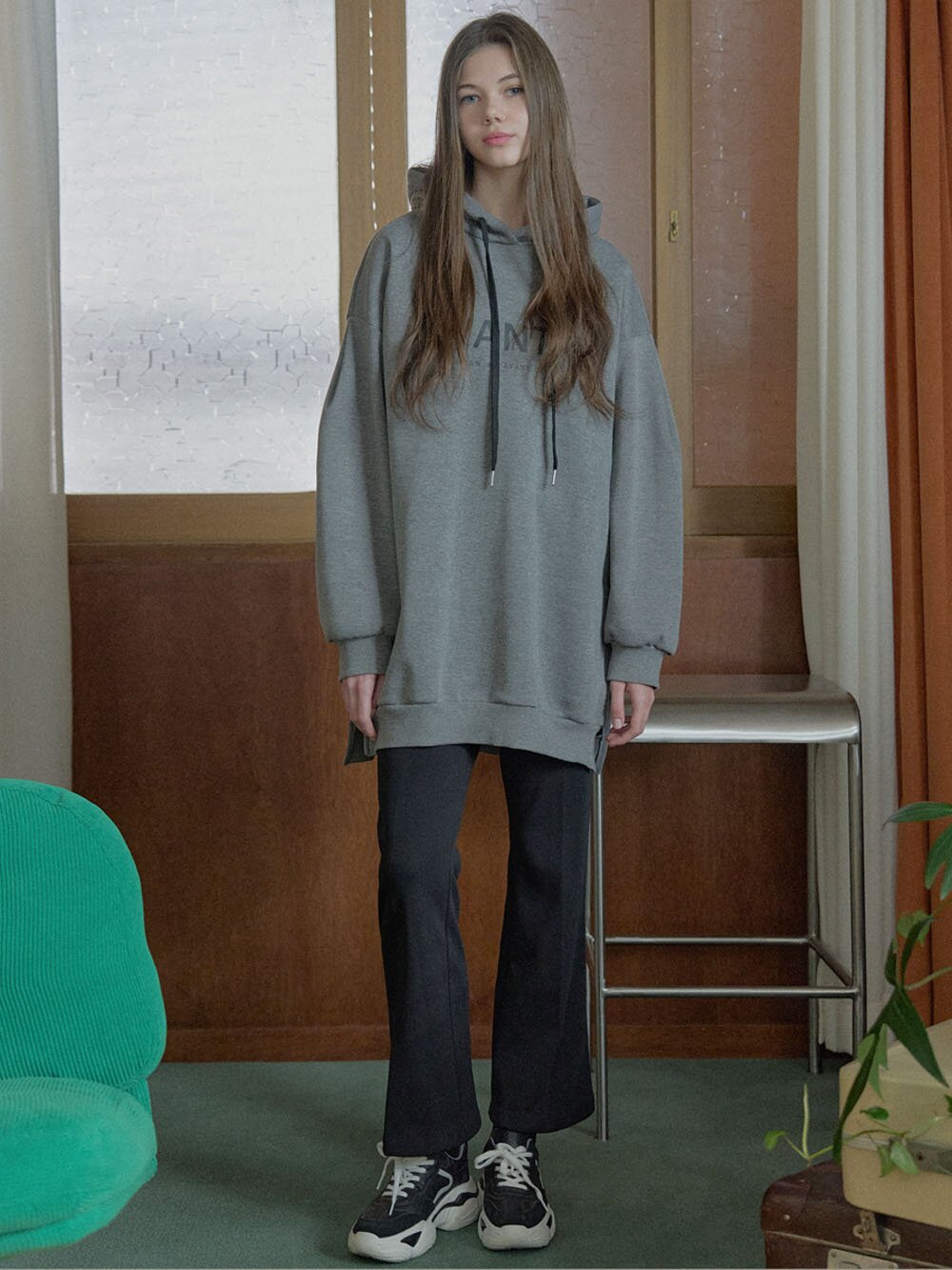 Logo Hooded Long T-Shirt - CHARCOAL (기모)