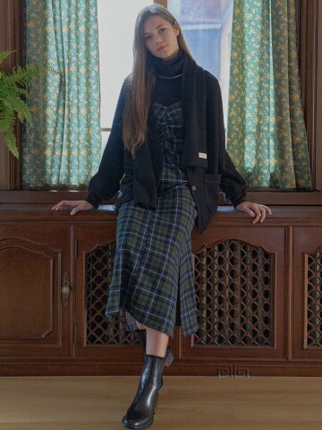 Tartan Check Shirring Dress - GREEN