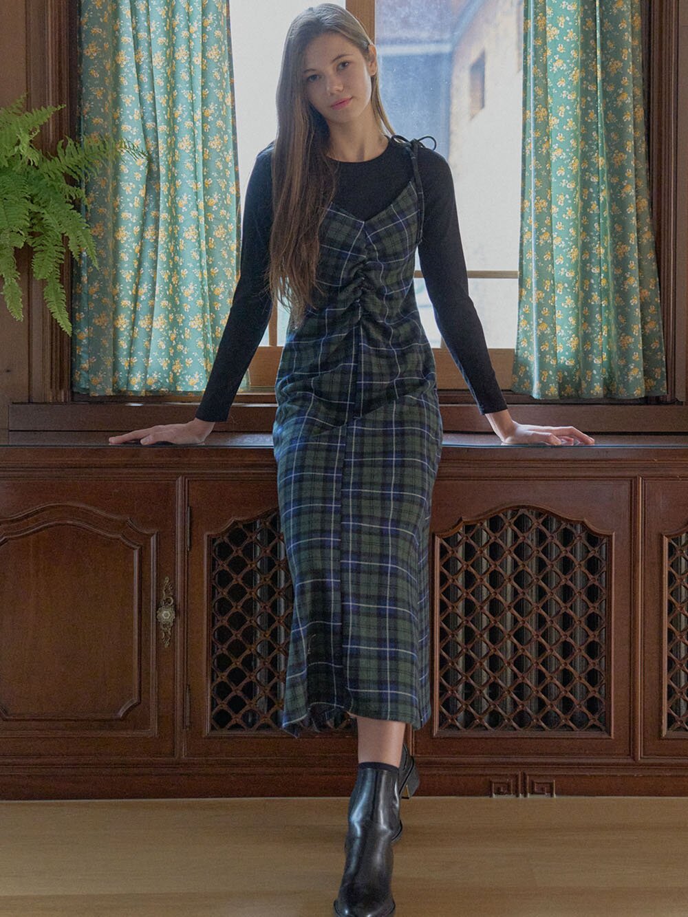 Tartan Check Shirring Dress - GREEN
