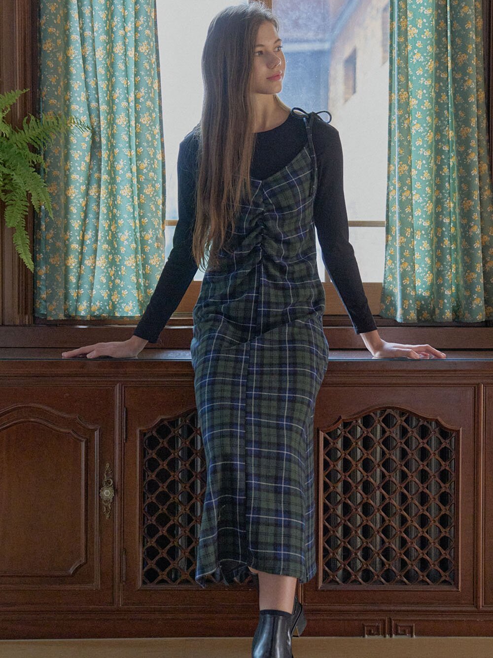 Tartan Check Shirring Dress - GREEN
