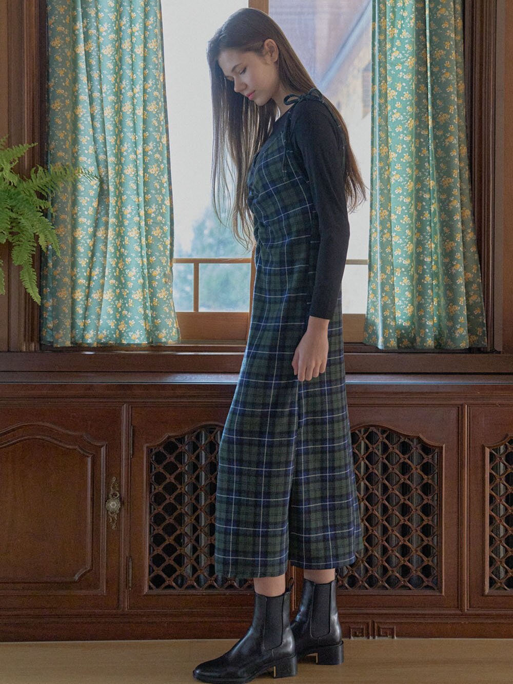 Tartan Check Shirring Dress - GREEN