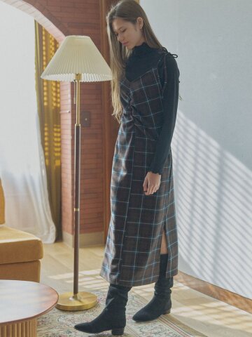 Tartan Check Shirring Dress - BROWN