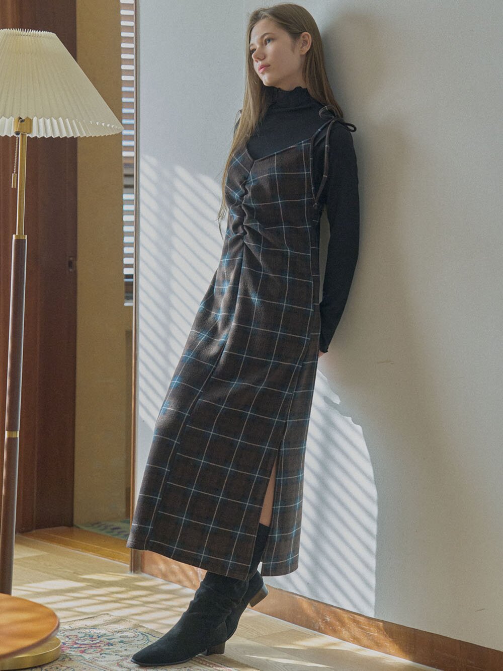 Tartan Check Shirring Dress - BROWN