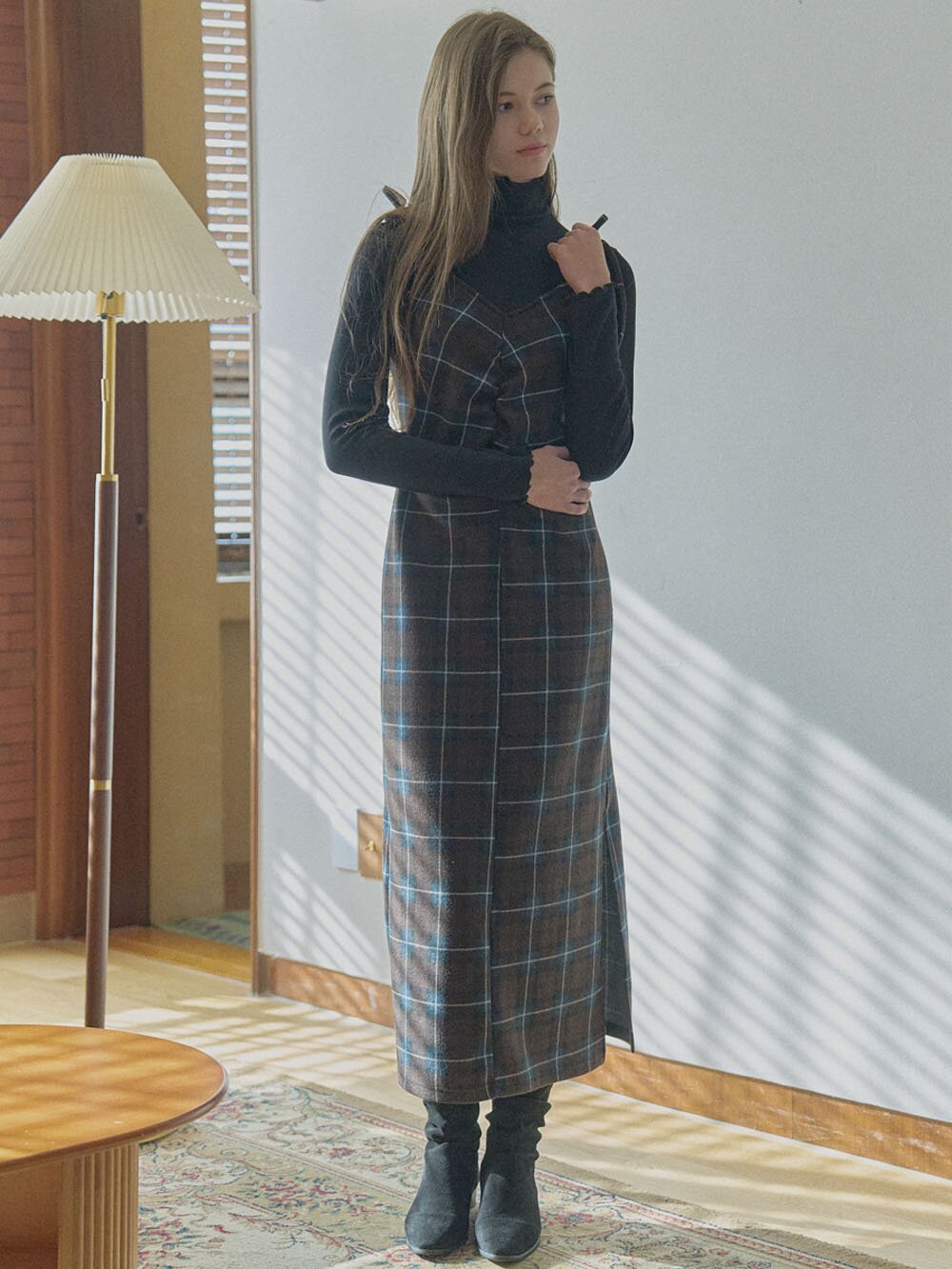 Tartan Check Shirring Dress - BROWN