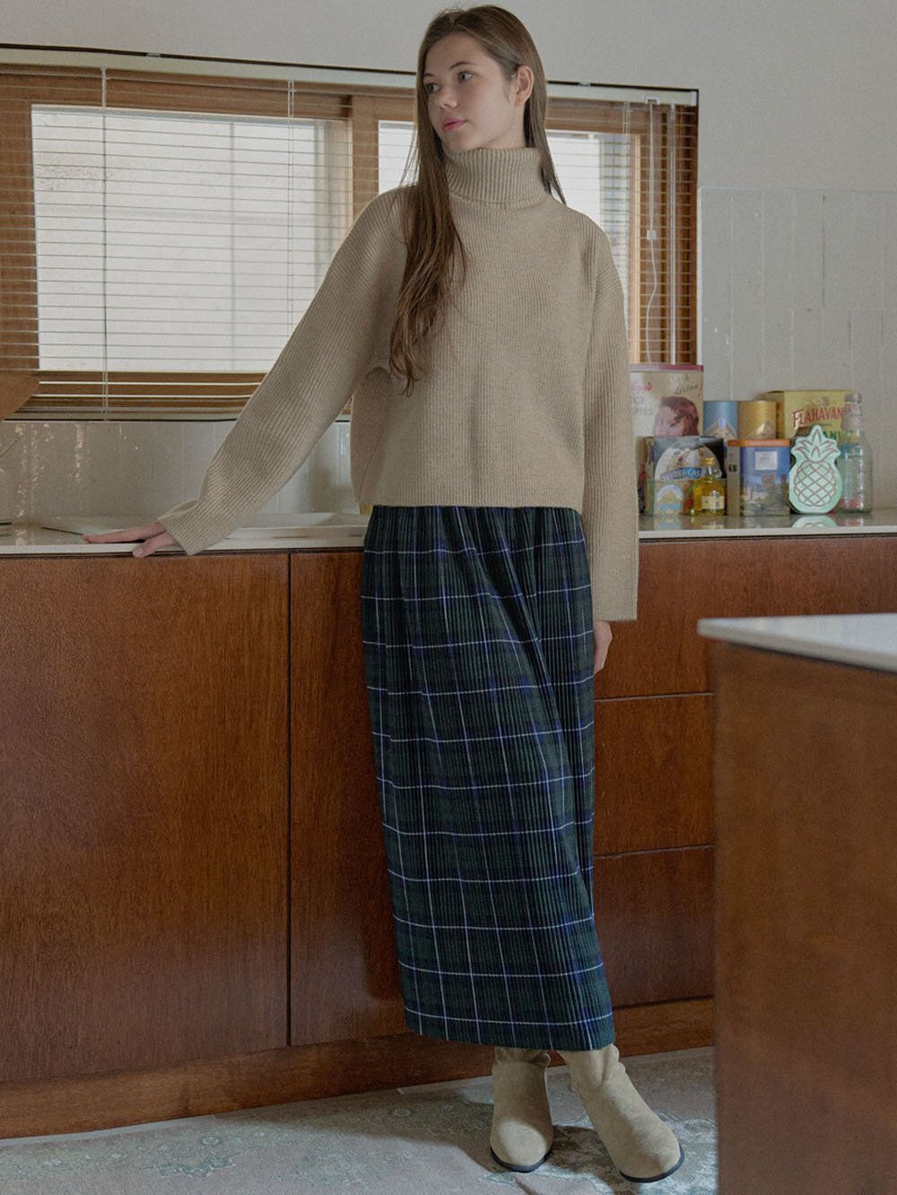 Tartan Check Pleated Maxi Skirt - GREEN
