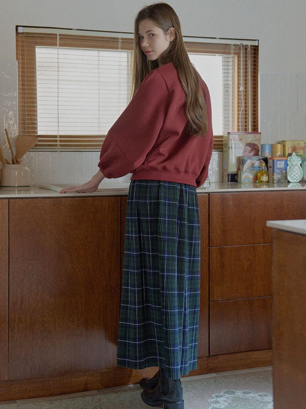 Tartan Check Pleated Maxi Skirt - GREEN