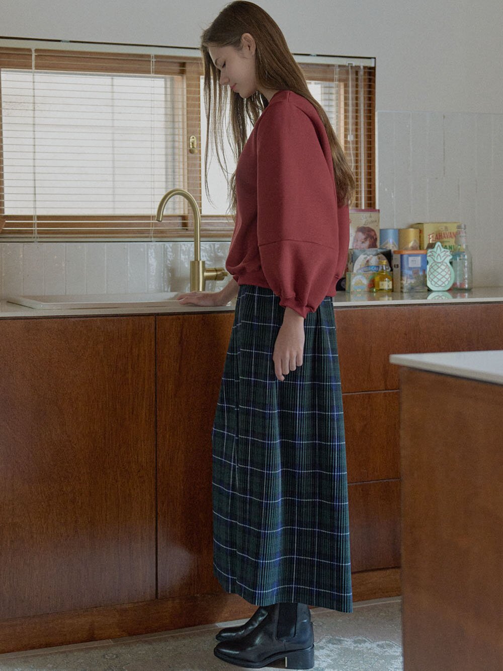 Tartan Check Pleated Maxi Skirt - GREEN