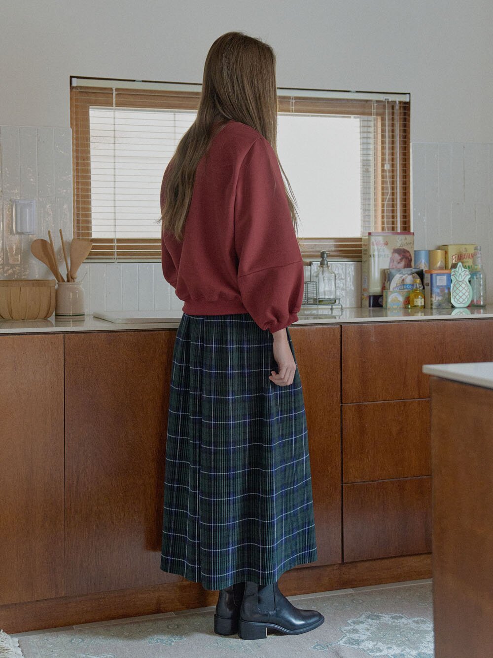 Tartan Check Pleated Maxi Skirt - GREEN