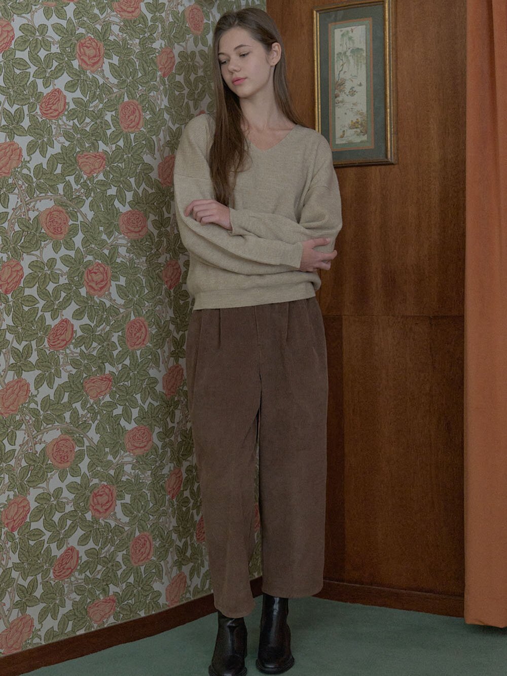 Corduroy Crop Banding Pants - BROWN
