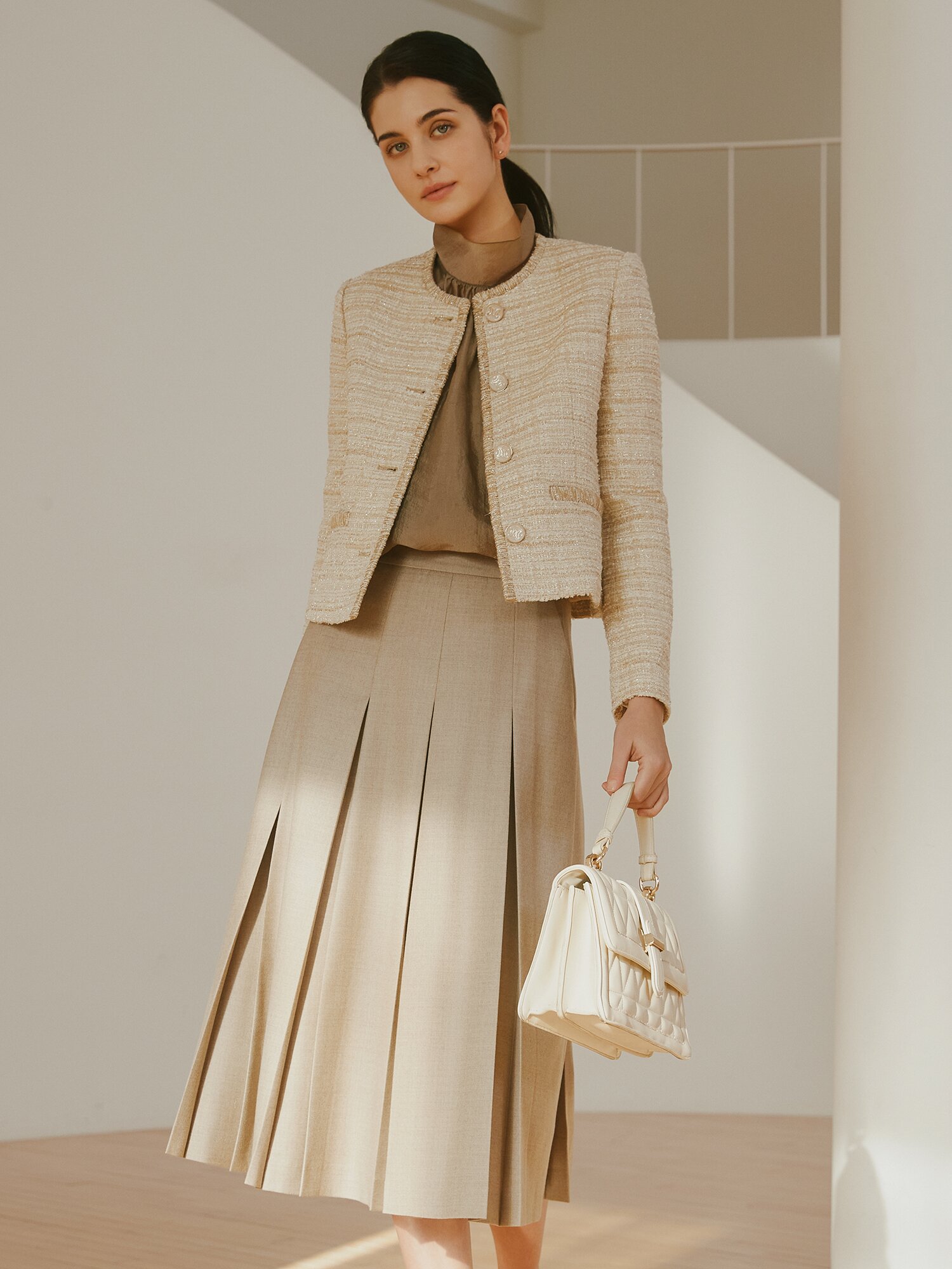 울 블렌드 플리츠 A라인 스커트 (MELANGE BEIGE)