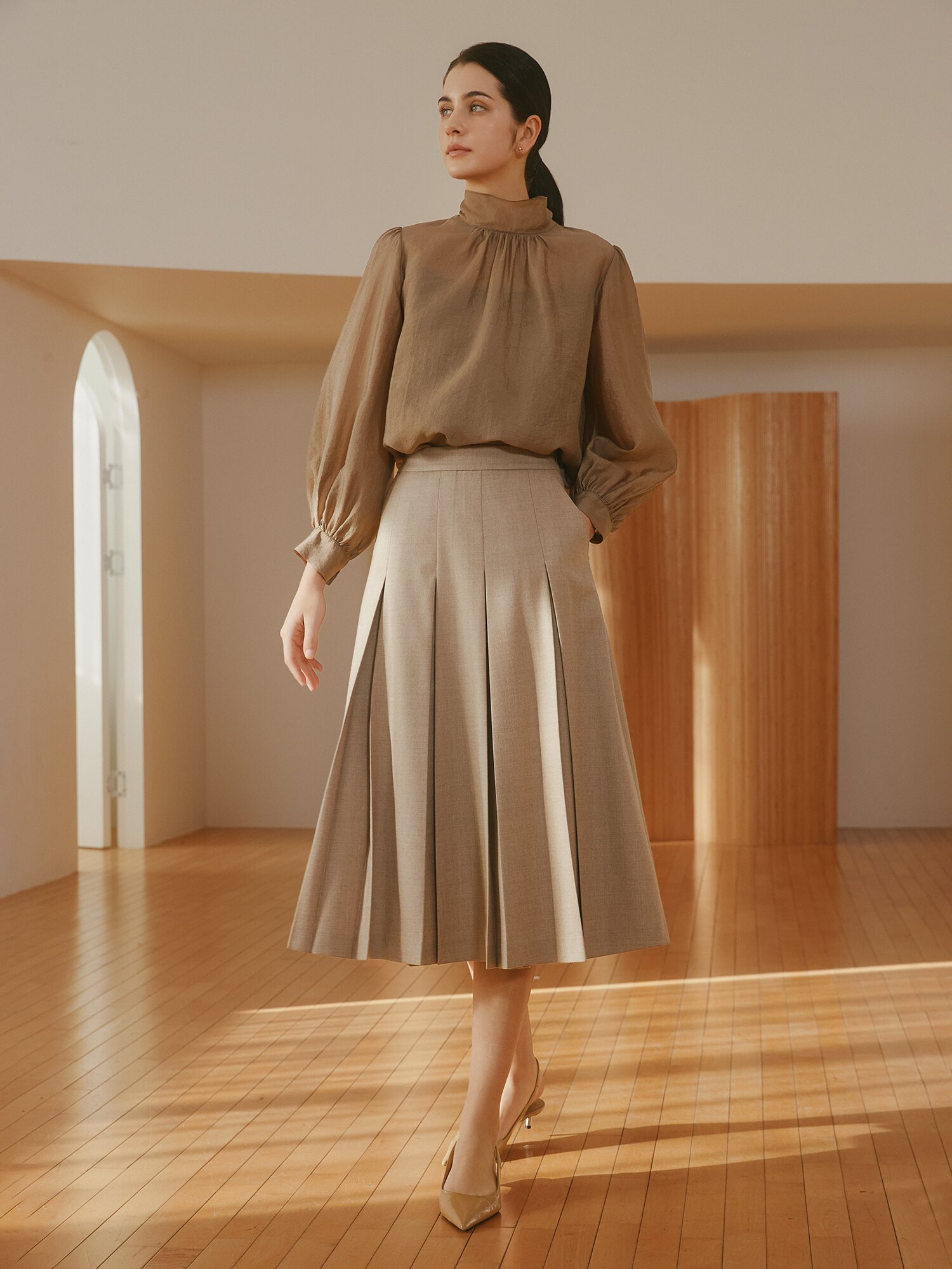 울 블렌드 플리츠 A라인 스커트 (MELANGE BEIGE)