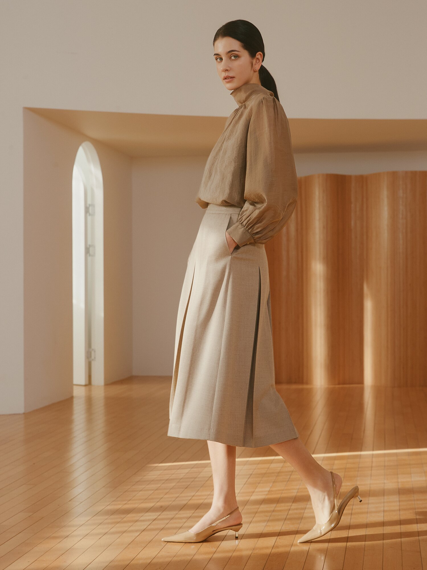 울 블렌드 플리츠 A라인 스커트 (MELANGE BEIGE)