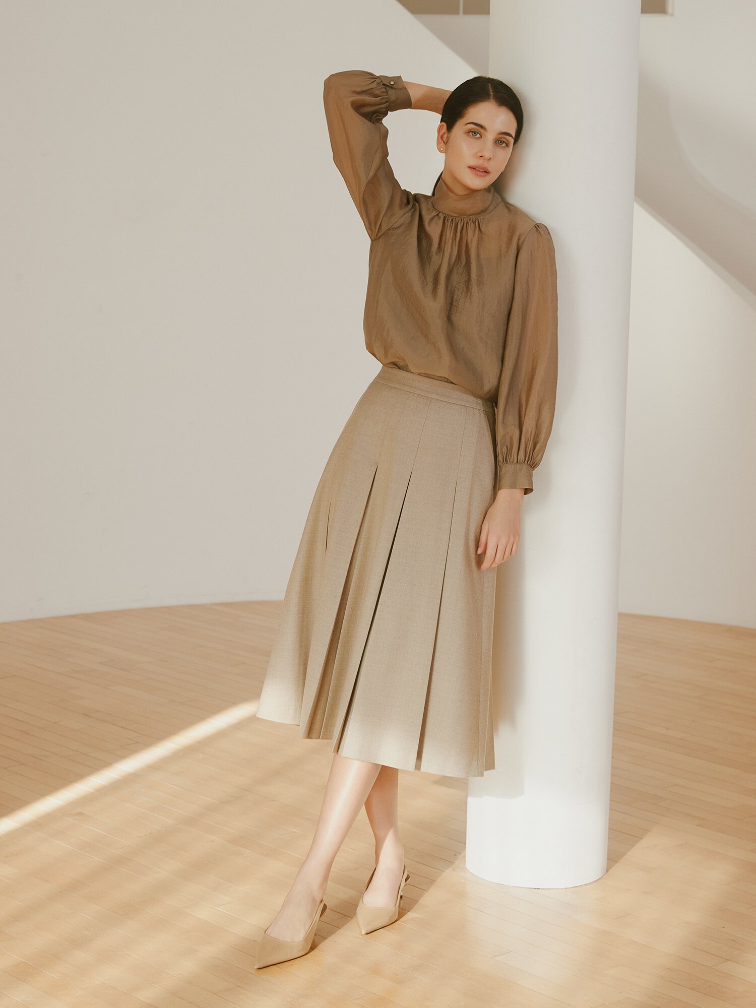 울 블렌드 플리츠 A라인 스커트 (MELANGE BEIGE)