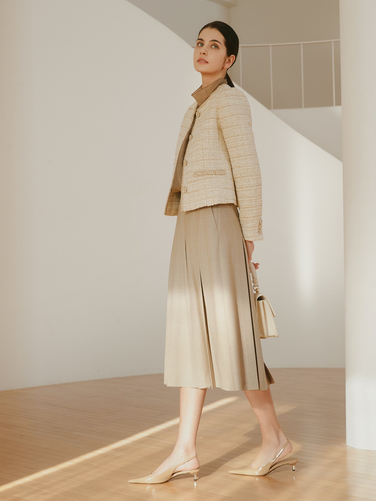 울 블렌드 플리츠 A라인 스커트 (MELANGE BEIGE)