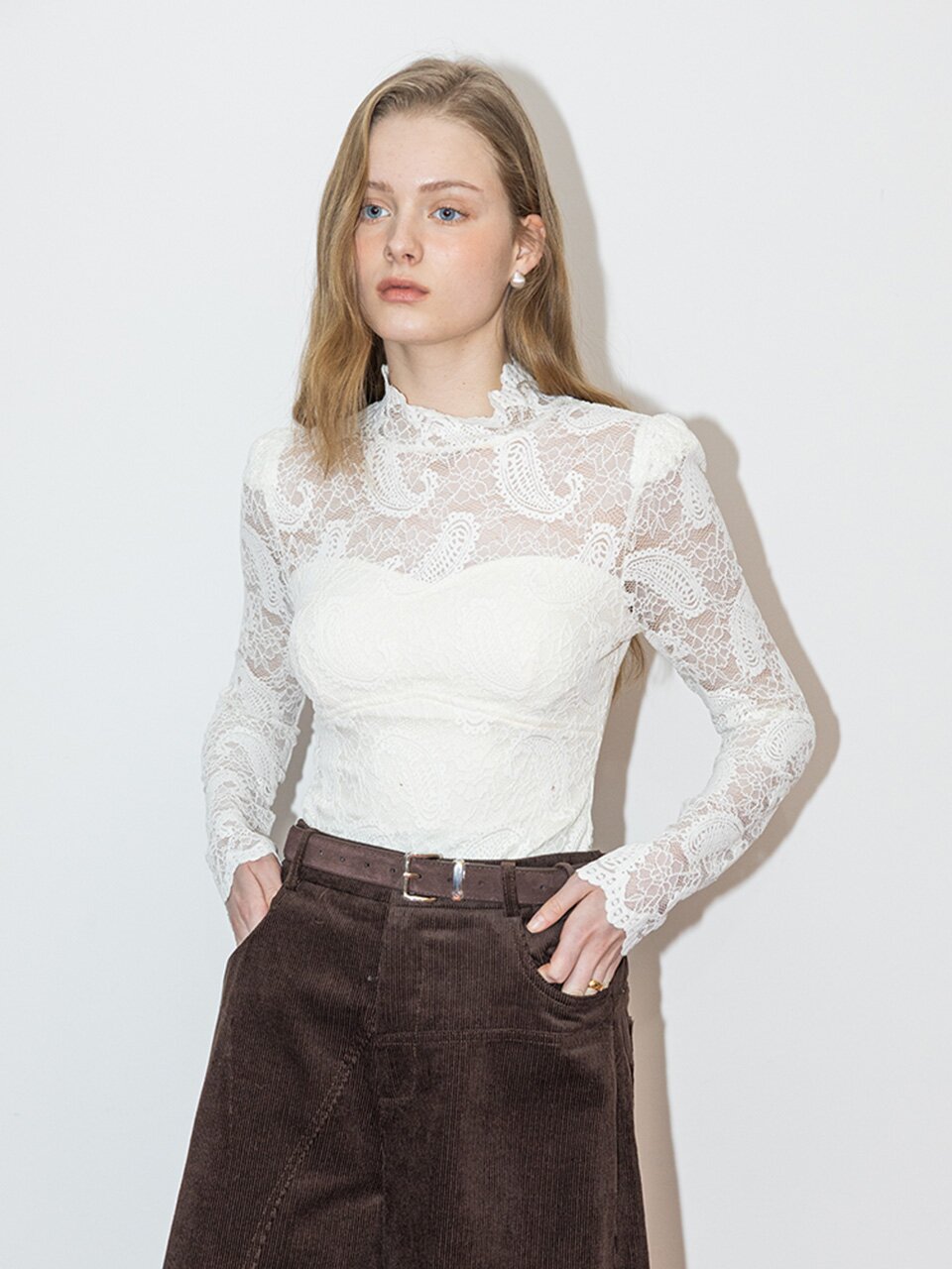 DD_Lace pattern long sleeves top_2color