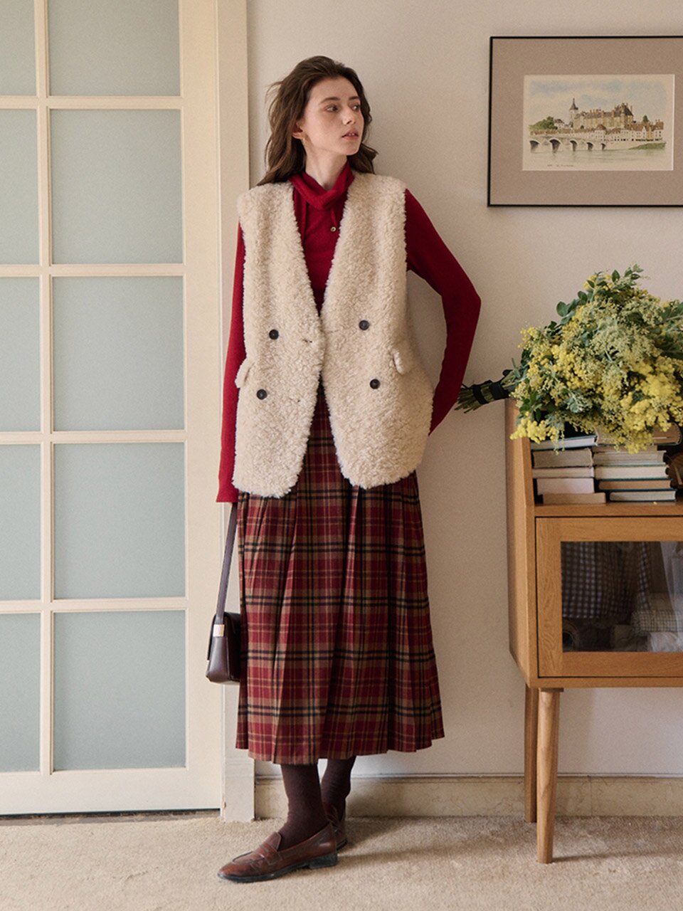 SR_V-neck fur integrated cardigan vest